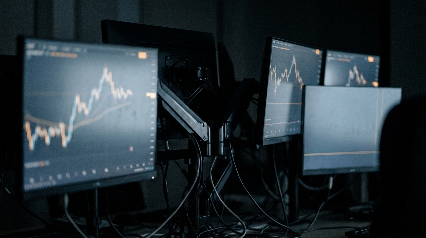 Monitors on articulated arms in an unlit room, charts thrown out of focus.