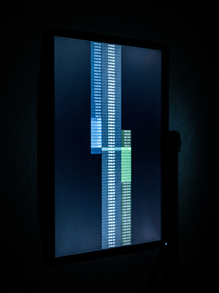 A price ladder on a dark monitor, the numerals thrown out of focus.